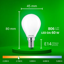Carica l'immagine nel visualizzatore di Gallery, Philips Lampadina LED UltraEfficient Opaca P45, Attacco E14 Piccolo Edison, Classe Energetica A, 806 lm, Equivalente 60W