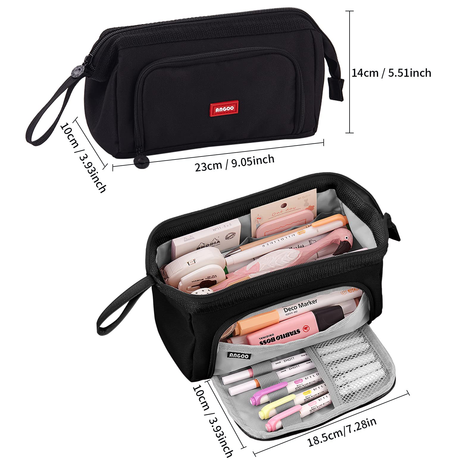 Astuccio Portapenne Grande In Tessuto Oxford, 22x9x11 Cm, Con Manico E Cerniera, Nero, Per Scuola E Ufficio