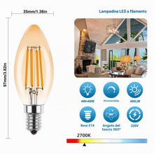 Carica l'immagine nel visualizzatore di Gallery, E14 LED Dimmerabile a Forma di Candela,Lampadina LED a Candela Dimmerabile 4W,Lampadine Vintage Bianco Caldo 2700K,Sosti