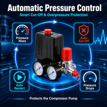 Carica l'immagine nel visualizzatore di Gallery, Pressostato per Compressore Aria 220V, Kit Accessori per Compressore con Regolatore di Pressione Aria, 2 Manometri, Racc
