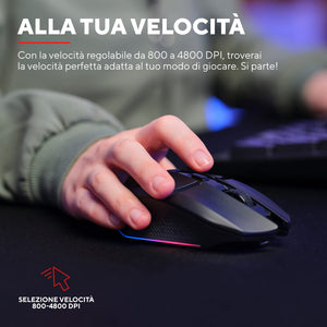 Trust Gaming GXT 110 Felox Mouse Gaming Wireless Ricaricabile, 80 Ore di Autonomia, 800-4800 DPI, Illuminazione LED, 6 Pulsanti, Mouse Senza Fili RGB per Computer, Laptop, Windows - Nero