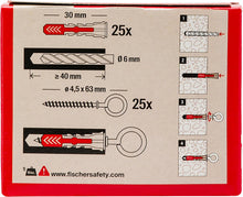 Carica l'immagine nel visualizzatore di Gallery, Fischer 25 Tasselli DuoPower con Occhiolo Chiuso, 6 x 30 mm Universali, per Muro pieno, Mattone Forato, Cartongesso, 541