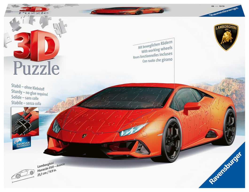 Ravensburger - Puzzle 3D, Lamborghini Huracán Evo Arancione, per Adulti e Bambini 8+ Anni, Idea Regalo, Modellismo Auto, 156 Pezzi, 32 accessori