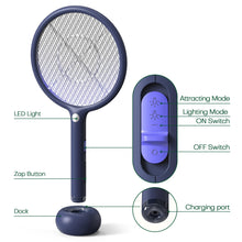 Carica l'immagine nel visualizzatore di Gallery, VEGREM Racchetta Zanzare Elettrica, 4000V, 2-in-1 Racchetta Zanzare, Lampada Attrattiva per Zanzare, Base di Ricarica USB, 1200mAh Batteria Ricaricabile, Luce LED, Maglia Protettiva a 3 Strati, Blu