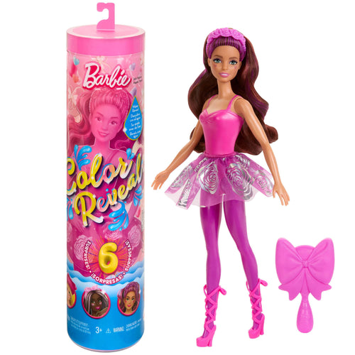 Barbie - Color Reveal Serie Ballerina assortimento, Bambole ispirate al Balletcore con 6 Accessori a Sorpresa da Scoprire con Effetto Cambia Colore, Giocattolo per Bambini, 3+ Anni, HRK17