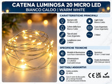 Carica l'immagine nel visualizzatore di Gallery, NLIGHTING Catena Luminosa 20 Micro LED Bianco Caldo 2 m