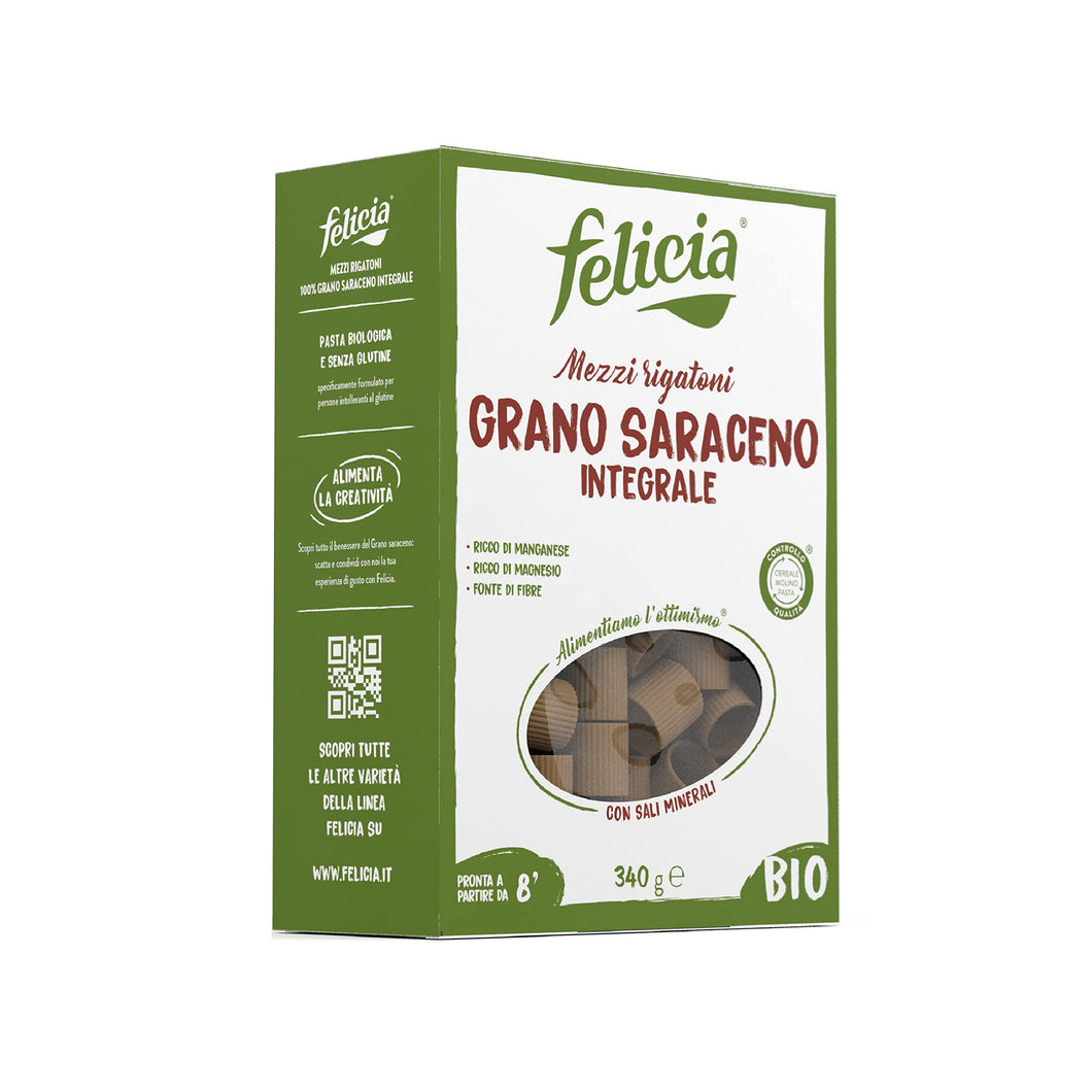 Felicia, Mezzi Rigatoni di Grano Saraceno Integrale, Ricca di Magnesio, Ricca di Manganese, Fornte di Fibre, Senza Glutine, Bio, Vegan, Gusto Deciso, Confezione da 340 g