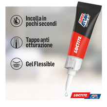 Carica l'immagine nel visualizzatore di Gallery, Loctite Super Attak Power Flex, Colla liquida trasparente e istantanea per materiali flessibili, Super colla resistente in formula gel, Colla per scarpe, pelle, gomma e cuoio, 1x3g