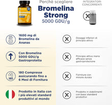 Carica l'immagine nel visualizzatore di Gallery, Bromelina Forte 5000 GDU/g Gastroprotetta, 180 Compresse, 1600mg di Bromelina Pura, Altissimo Dosaggio. Fino a 6 mesi di Fornitura. Estratta naturalmente dall'Ananas, Integratore Made in Italy