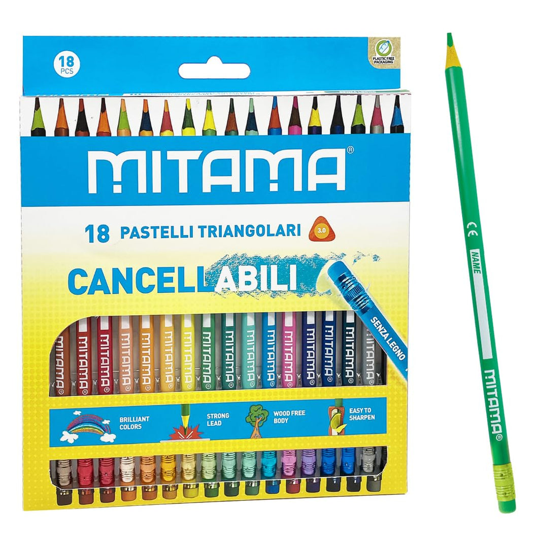 MITAMA Pastelli Cancellabili - Confezione da 18 pastelli - Mina 3.0 mm - Pastelli Colorati - Colori Scuola