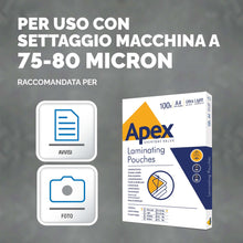 Carica l'immagine nel visualizzatore di Gallery, Fellowes Apex A4 Pouches per la plastificazione, finitura lucida, 100 fogli - Super-Flex - Ideali per documenti e foto