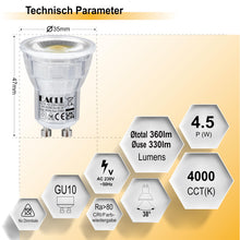 Carica l'immagine nel visualizzatore di Gallery, EACLL Mini lampadina LED GU10, 4000 K, 4,5 W, sostituisce alogena da 40 W, confezione da 4, 330 lm, senza sfarfallio, an