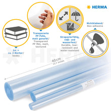 Carica l'immagine nel visualizzatore di Gallery, HERMA 7384 Pellicola protettiva incolore per libri, 5 m x 40 cm, non adesivo, opaco, transparente, 1 rotolo