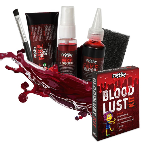 Festicy Set Sangue Finto Halloween 2024 I 3 Tipi di Sangue Finto Lavabile (Spray, Gel, Liquido) + Spugna e Pennello I Make Up , Costumi, Effetti Spaventosi I Trucchi Halloween Bambini e Adulti