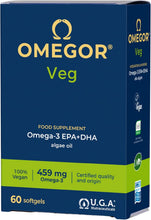 Carica l'immagine nel visualizzatore di Gallery, Omega 3 Vegan OMEGOR Veg - Omega3 Vegetale IFOS 5 Stelle e Vegan Society da Olio di Alghe con Vitamina E - 250mg DHA e 125mg EPA (60 Capsule)