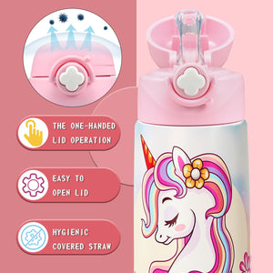 Kiocko Borraccia Per Bambini, In Acciaio Inox, 475 Ml, Certificata TüV, Senza Bpa,Bottiglia Acqua Con Cannuccia A Prova Di Perdite, Per Scuola, Asilo (1-Unicorno)