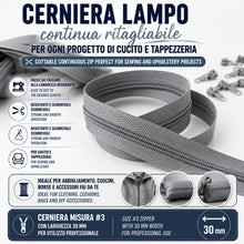 Carica l'immagine nel visualizzatore di Gallery, IPEA Cerniera Lampo Catena Continua misura #3 Grigia - [ 5 METRI + 15 CURSORI IN METALLO ] - Made in Italy - Zip Ritagliabile per Cucito, Abbigliamento, Accessori - Larghezza 30 mm - Grigio