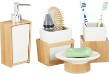 Carica l'immagine nel visualizzatore di Gallery, Relaxdays Set Accessori Bagno 4 Utensili, Dispenser, Porta-Sapone, Porta-Spazzolino, bambù, Ceramica, Marrone e Bianco