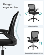 Carica l'immagine nel visualizzatore di Gallery, SONGMICS Sedia da Ufficio, Girevole, di Rete, da Computer Ergonomica, Supporto Lombare Imbottito, Funzione Oscillante, Seduta 53 cm, Braccioli Pieghevoli, Nero OBN37BK
