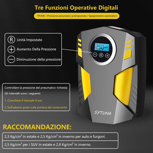 SYTUNG Compressore Aria Portatile, Compressore Aria Portatile Auto con 3 Adattatori per Ugelli e Luci LED Digitali per Pneumatici per Auto e Altri Prodotti Gonfiabili