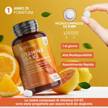 Carica l'immagine nel visualizzatore di Gallery, Vitamina D3 K2, Vitamina D 2000 UI + 200μg Vitamina K2 MK7, 365 Compresse Senza Magnesio Stearato, Vitamina D3 + Vitamina K2 100% All-Trans Biodisponibile, Sistema Immunitario, Ossa, Denti, Muscoli