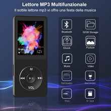Carica l'immagine nel visualizzatore di Gallery, Lettore MP3 Bluetooth, 32GB Lettore MP4 Portatile HiFi Lossless Sound, MP3 Player Musicale Lettore con radio FM/Registratore Vocale/Video/E-Book, Suppota TF Fino a 128G (Cuffie Incluse)
