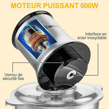 Carica l'immagine nel visualizzatore di Gallery, NWOUIIAY Tritacarne Elettrico In Acciaio Inox 600W 2L Rimovibile 2 Livelli di Velocità Protezione dal Surriscaldamento con 4 Lame Ciotola e Pad in Plastica per Carne Verdura e Frutta