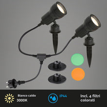Carica l'immagine nel visualizzatore di Gallery, BRILONER - Set di 2 lampade da esterni con 2 lampadine LED GU10 3 W 250 lm, con filtro di colore arancione, verde, con p