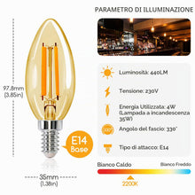 Carica l'immagine nel visualizzatore di Gallery, Aigostar Lampadina Stile Vintage Filamento LED E14, C35 4W (Equivalenti a 35W), 400 Lumen, Bianco Caldo 2200K, CRI＞80, A