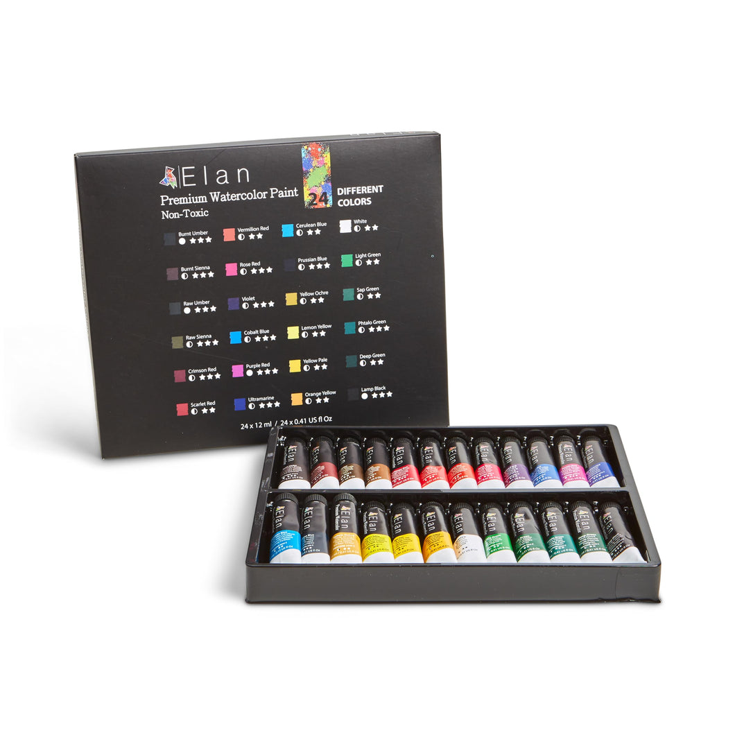 Elan Set Acquerelli Professionali, 24 Acquerelli in Tubetto da 12ml, Set Colori per Dipingere, Watercolor Set, Kit Colori Acquerello Professionali