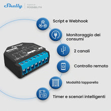Carica l'immagine nel visualizzatore di Gallery, Shelly Plus 2PM interruttore Relè Wi-Fi a 2 canali, consente controllo di luci e interruttori o apertura e chiusura di t