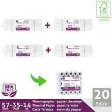 Carica l&#39;immagine nel visualizzatore di Gallery, Rotoli Pos 57mm x 14m x 12mm - Rotolo di carta termica per ricevute bancomat – Rotolini per dispositivi pos 57x35x12 (20 Rotoli)