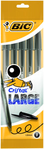 BIC Penne Nere a Sfera, Cristal Large, Punta Larga (1,6 mm), Confezione da 5, Fornitura Cancelleria Scuola