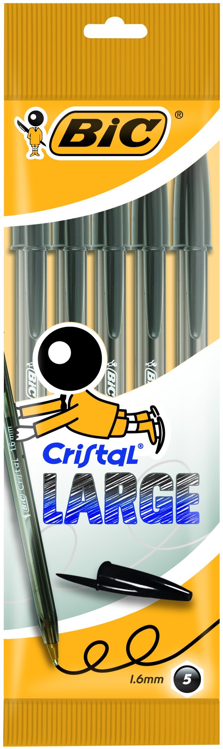 BIC Penne Nere a Sfera, Cristal Large, Punta Larga (1,6 mm), Confezione da 5, Fornitura Cancelleria Scuola