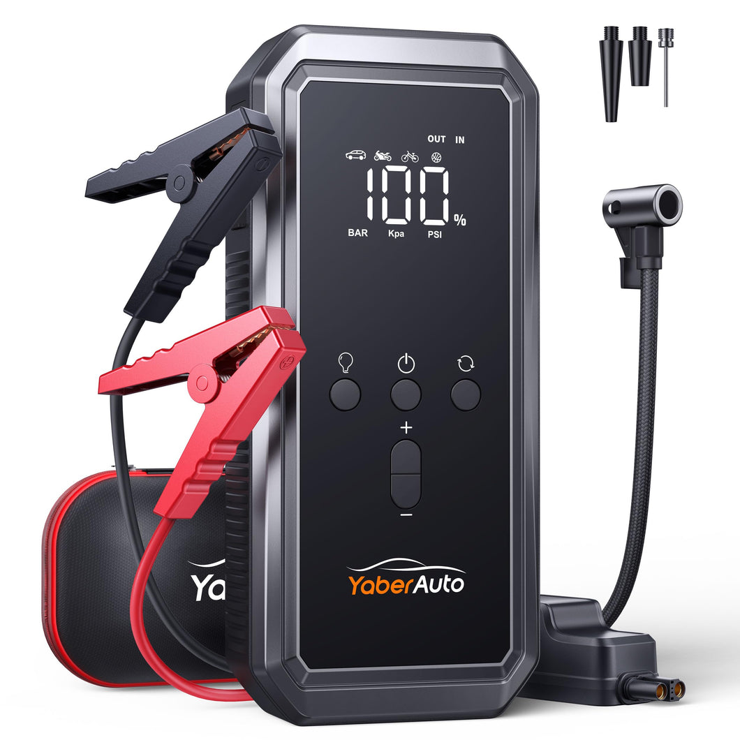 YaberAuto Avviatore Emergenza per Auto, 21800mAh Booster Avviamento Auto/Moto,12V Starter Batteria Auto (Fino a 9L Benzina e 8L Diesel) con Compressore 150PSI,Display,Torcia,160W DC e 2 Porte USB