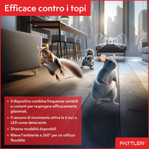 PATTLER Dissuasore per Topi ad Ultrasuoni, Repellente Ultrasuoni Topi, Ultrasuoni per Topi a 360°, Ultrasuoni per Topi da Esterno e da Interno, Scaccia Topi, Pest Reject, Dissuasori per Topi