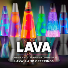 Carica l'immagine nel visualizzatore di Gallery, LAVA® - Lampada Lava Evenfall Rocket 2391, cera gialla, liquido viola, base decorativa, cappuccio e alette del razzo, la