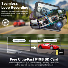 Carica l'immagine nel visualizzatore di Gallery, Miden 4K+2.5K Doppia Dashcam,Scheda SD 64G,2160P+1600P UHD Telecamera per Auto,Dash Cam Auto IPS 3.2" con Grandangolo di 336°,G-Sensor,Visione Notturna,WDR,Monitor di Parcheggio,Registrazione in Loop