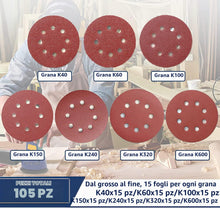 Carica l'immagine nel visualizzatore di Gallery, STEBRUAM 105 Pezzi Dischi Abrasivi 125mm, Carta Vetrata Abrasiva 8 Fori per Levigatrice Orbitale(Grana 40/60/100/150/240