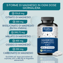Carica l'immagine nel visualizzatore di Gallery, Magnesio Completo - Complex 5 in 1: Bisglicinato, Citrato, Malato, Carbonato e Ossido - 450 mg di magnesio elementare - 