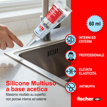 Carica l'immagine nel visualizzatore di Gallery, Fischer SMT Silicone Sigillante Multiuso Trasparente Antimuffa, Acetico Universale in Tubetto per Acciaio, Vetro, Cerami