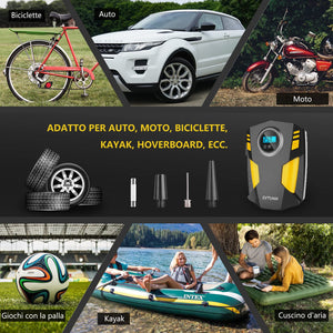 SYTUNG Compressore Aria Portatile, Compressore Aria Portatile Auto con 3 Adattatori per Ugelli e Luci LED Digitali per Pneumatici per Auto e Altri Prodotti Gonfiabili