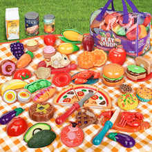 Carica l'immagine nel visualizzatore di Gallery, LAUGIGLE 78Pc Cibo Giocattolo da Taglio con Borsa per La Conservazione, Cibo Finto per Cucina da Gioco, Include Frutta e
