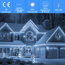 Carica l'immagine nel visualizzatore di Gallery, SYCEES Catena Luci LED 23M 200LED Luci Natalizie Bianco Freddo Stringa Luci 8 Modalità IP44,Catena Lumonosa Decorazione Albero Natale Matrimonio Giardino Patio Mostra Feste