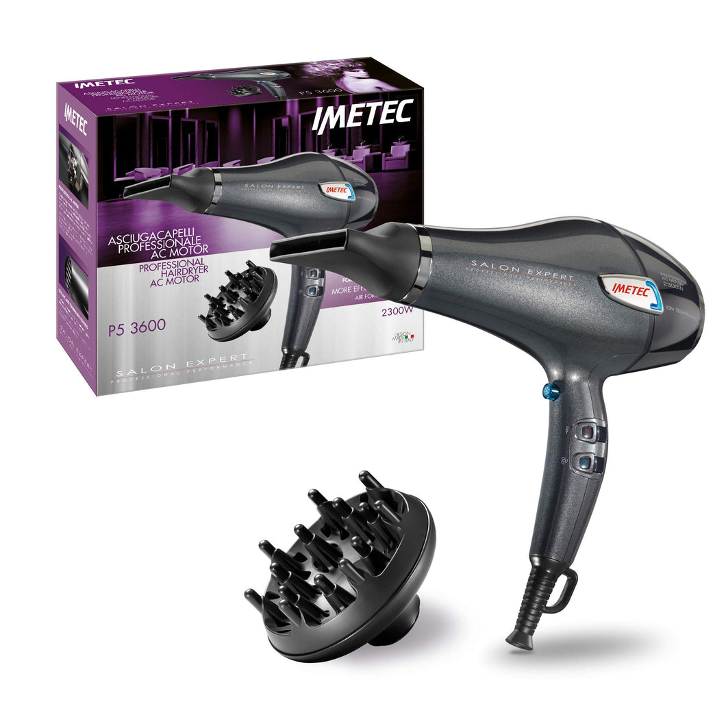 Imetec Salon Expert P5 3600 Asciugacapelli Professionale, 2300 W, Griglia con Rivestimento in Ceramica e Cheratina, Tecnologia a Ioni, 8 Combinazioni Aria/Temperatura, 2 Beccucci