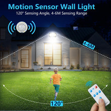 Carica l'immagine nel visualizzatore di Gallery, Lampada Solare da Esterno - 200LED Luce Solare LED Esterno con Sensore di Movimento 2200mAh 4 Modes Telecomando Faretto LED da Esterno Solare con Pannello, Luci da Esterno Giardino Solari con 5M Cavo