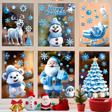 Carica l'immagine nel visualizzatore di Gallery, AhfuLife 173 Pezzi di Vetrofanie Natalizie per Finestre, 9 Fogli di Adesivi Blu Autoadesivi Riutilizzabili a Doppio Lato, Babbo Natale, Pupazzo di Neve e Albero per Decorazioni Natalizie