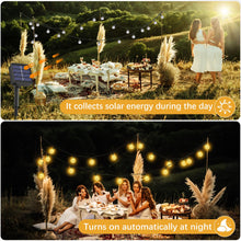 Carica l'immagine nel visualizzatore di Gallery, Luci Solari Esterno, 60LED/13.2M/8 Modalità Catena Luminosa Esterno, IP65 Impermeabile Lampade Solari da Giardino per Festa, Campeggio, Balcone, Matrimonio, Gazebo(Bianco Caldo+ Funzione di Memoria)