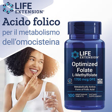 Carica l'immagine nel visualizzatore di Gallery, Life Extension, Optimised Folate, 5-MTHF, Dose Elevata, 100 Compresse, Testate in Laboratorio, Vegetariane, Senza Glutin