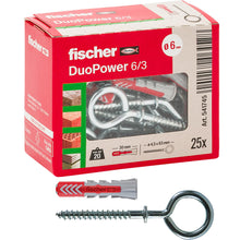 Carica l'immagine nel visualizzatore di Gallery, Fischer 25 Tasselli DuoPower con Occhiolo Chiuso, 6 x 30 mm Universali, per Muro pieno, Mattone Forato, Cartongesso, 541